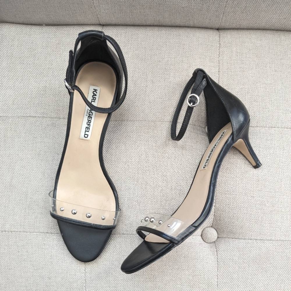 KARL LAGERFELD Dixie Open Toe Kitten Heel Black Dress Heels Shoes Women Size 9